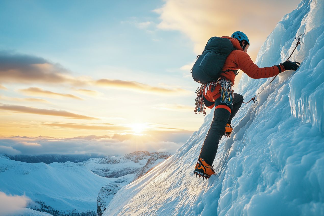 Ein Bergsteiger in orangefarbener Jacke klettert mit Kletterausrüstung eine vereiste Wand hinauf – Training für die Besteigung Kilimandscharo