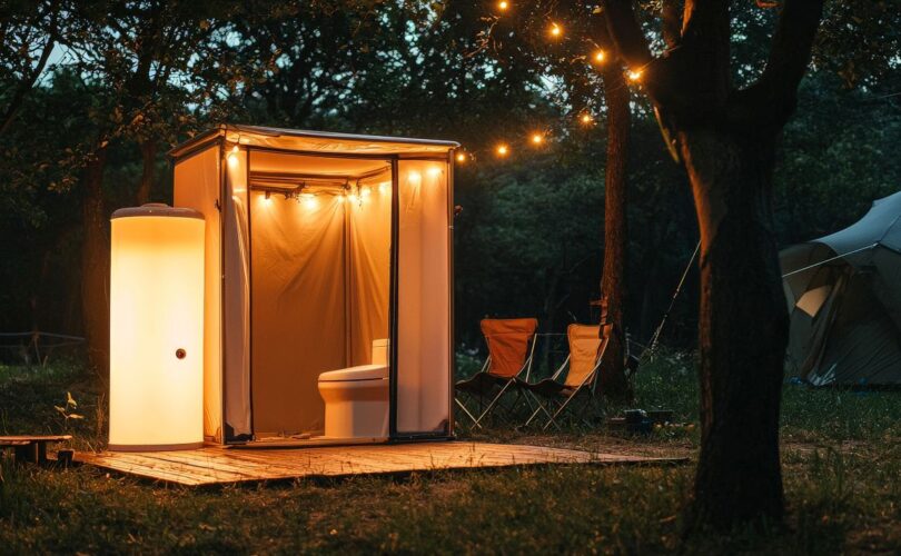 Beleuchtetes Toilettenzelt mit mobiler Campingtoilette auf einem Holzpodest im Wald – angenehme Sanitärlösung für Campingplätze und Outdoor-Abenteuer.