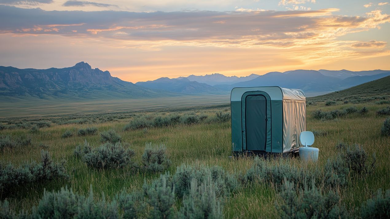 Mobile Campingtoilette mit Toilettenzelt in einer weiten Landschaft bei Sonnenuntergang – ideal für autarkes Camping ohne sanitäre Anlagen.