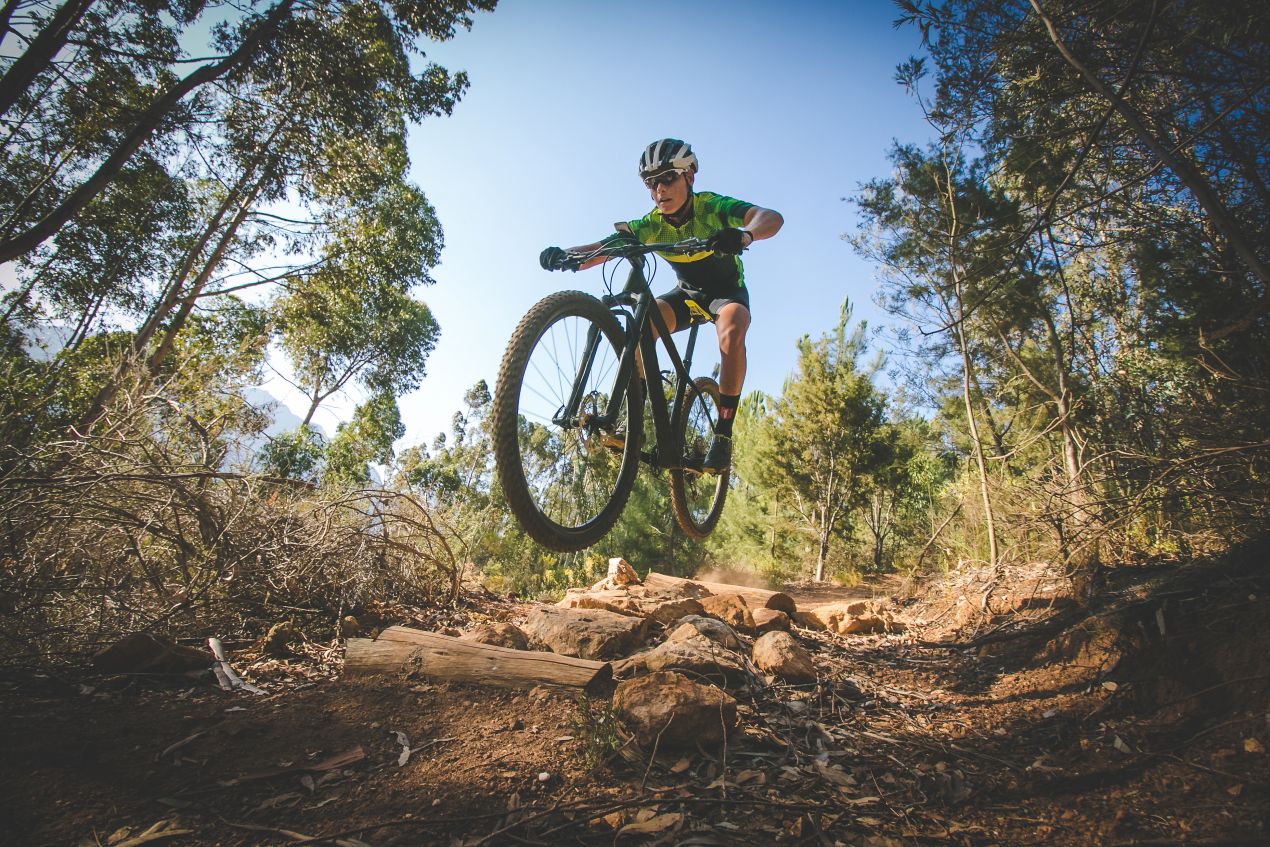 Ein Mountainbiker springt dynamisch über einen Hügel auf einem Waldweg – körperliche Fitness als Basis für die Besteigung Kilimandscharo