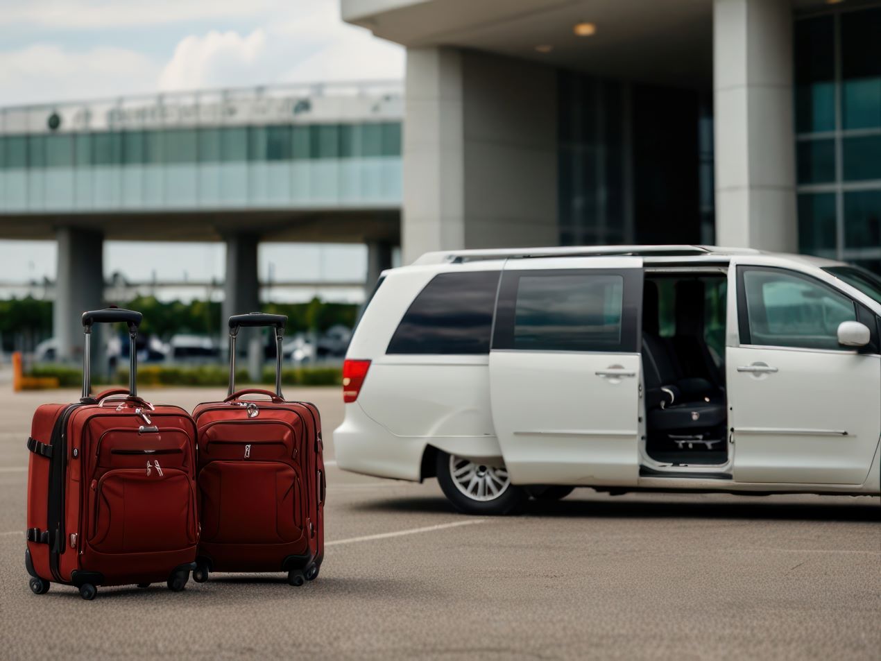 Rote Koffer neben weißem Shuttlebus am Flughafen Nürnberg – sichere Parkplätze und Transfermöglichkeiten für Reisende.