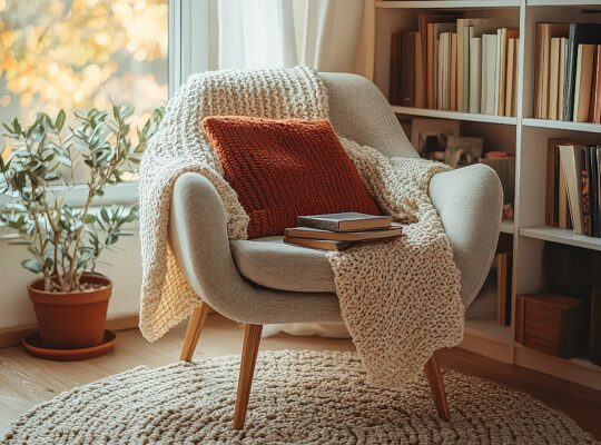 Gemütliche Leseecke mit einem bequemen Sessel, einem Stapel Bücher und einer weichen Decke.