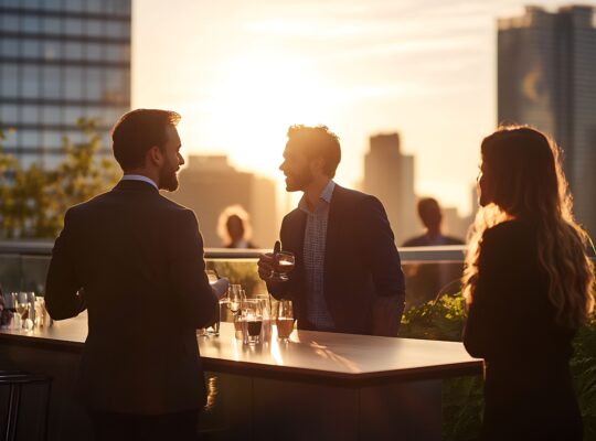 Geschäftsleute beim Networking bei einer Veranstaltung auf dem Dach bei Sonnenuntergang mit der Skyline der Stadt im Hintergrund