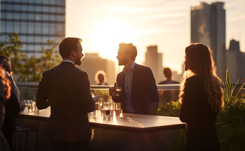 Geschäftsleute beim Networking bei einer Veranstaltung auf dem Dach bei Sonnenuntergang mit der Skyline der Stadt im Hintergrund